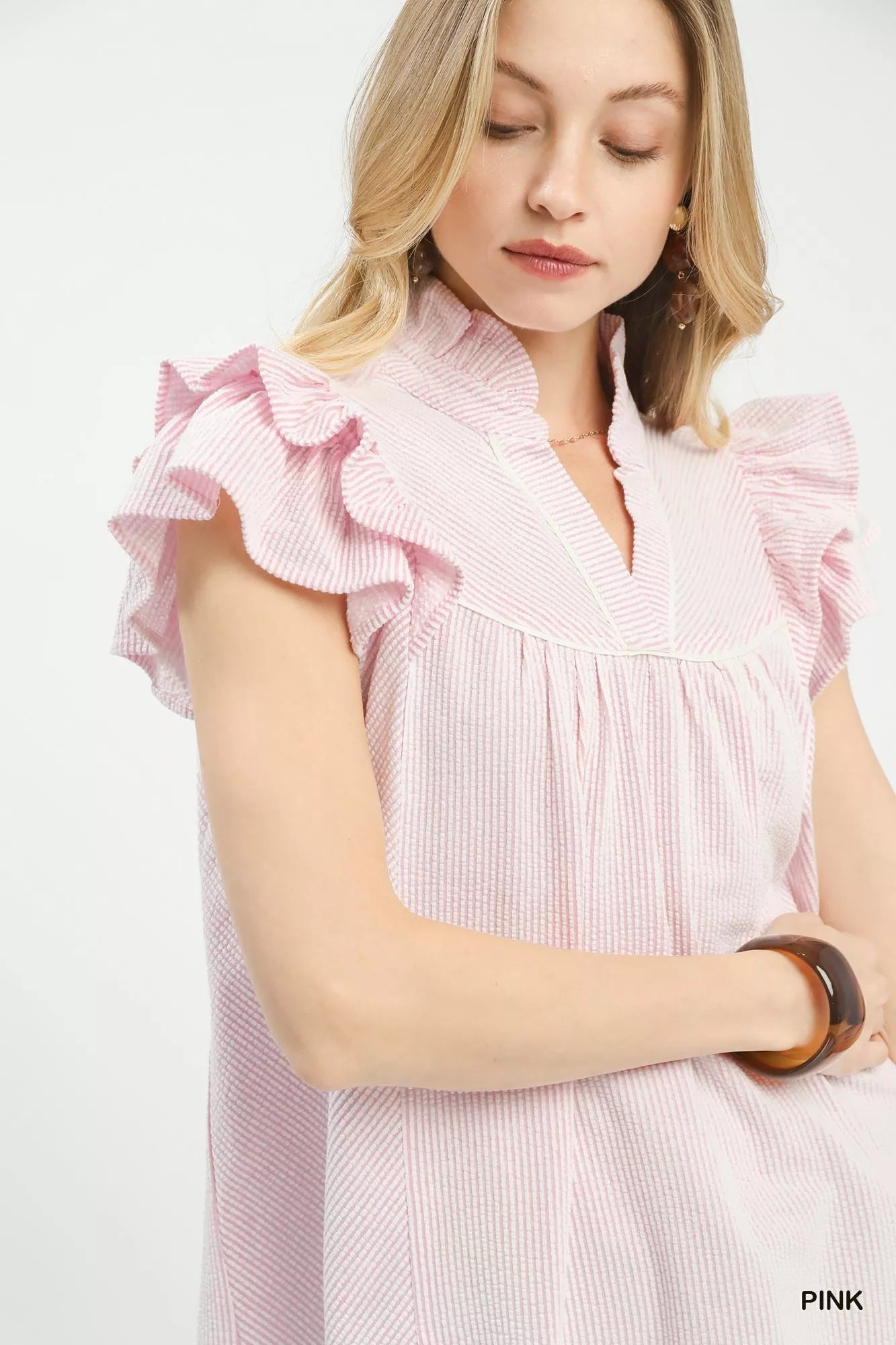 Umgee ruffled sleeve textured blush pink striped blouse at Blueberi Boutique