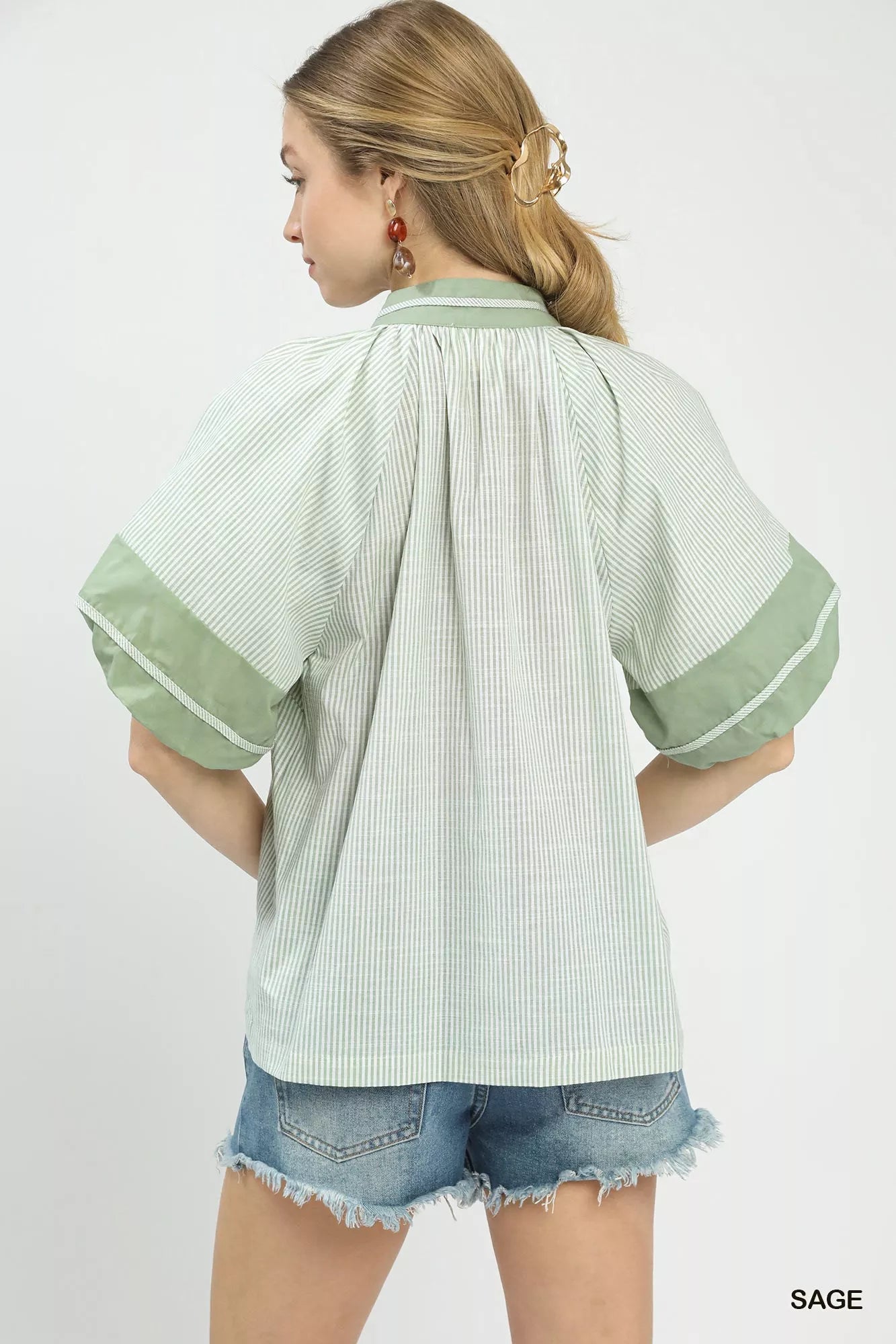 Umgee sage striped puff sleeve blouse back view