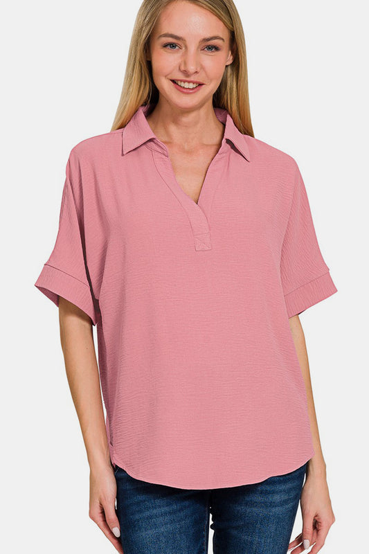 Zenana Women's Texture Collared Neck Short Sleeve Top Polyester Size S-XL