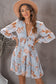 Blueberi B Women’s Floral Deep V Long Flounce Sleeve Mini Dress Polyester Spandex Size S-XL