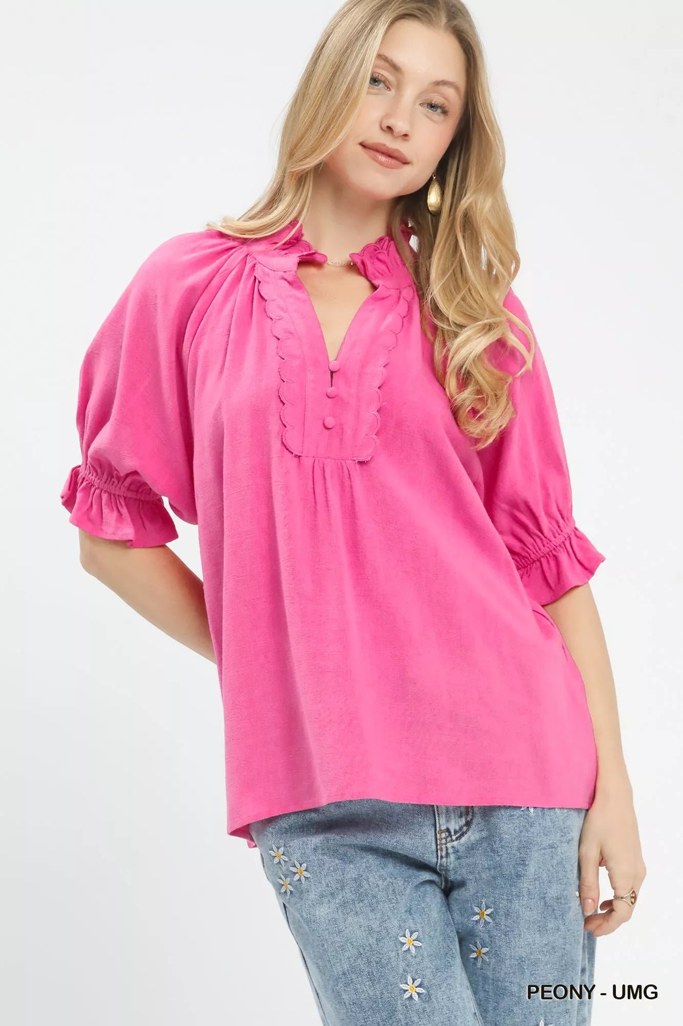 Peony linen scalloped ruffle neck top at Blueberi Boutique