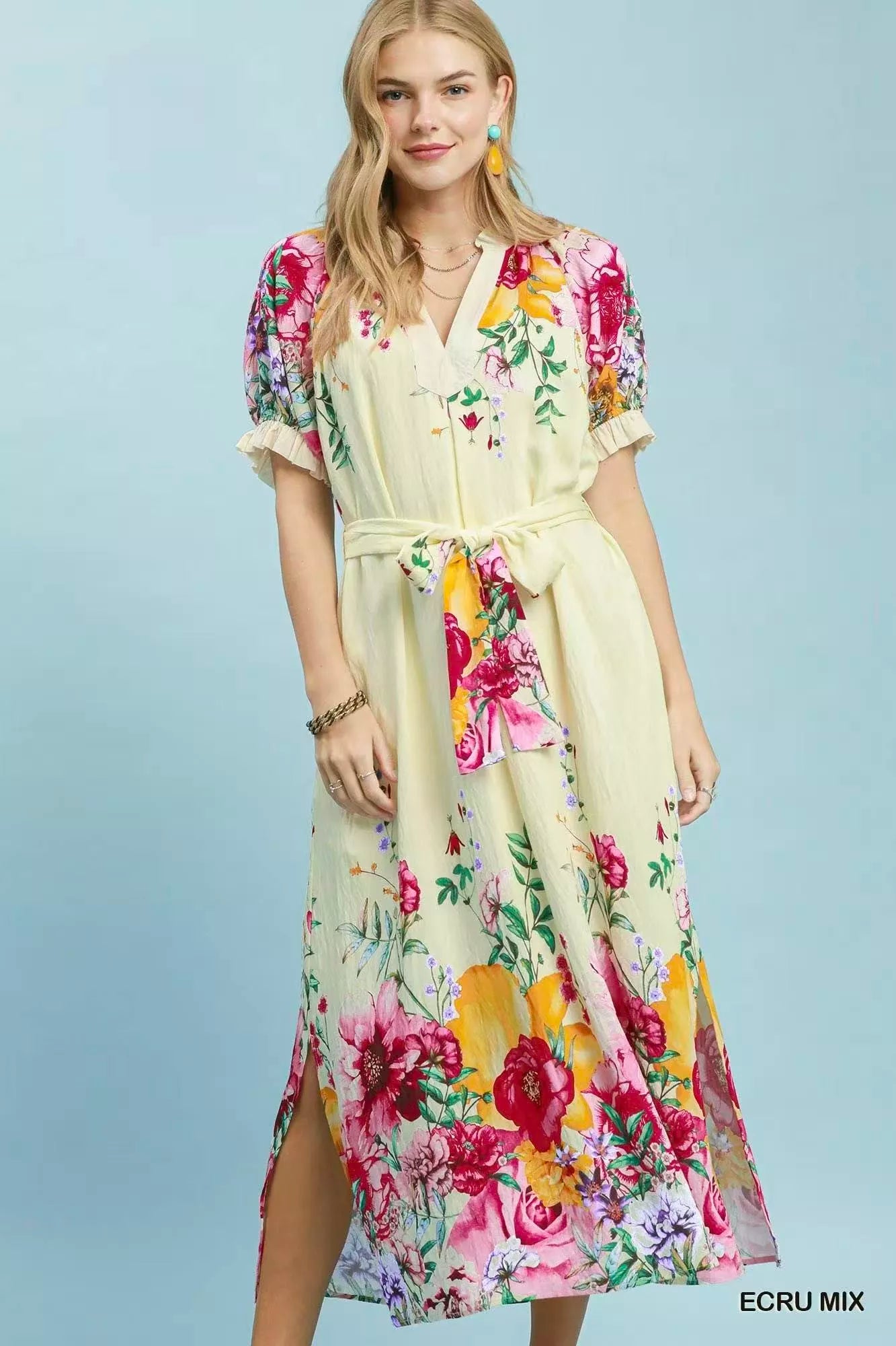 Umgee MIX Floral Border Print Midi Dress ECRU MIX / L
