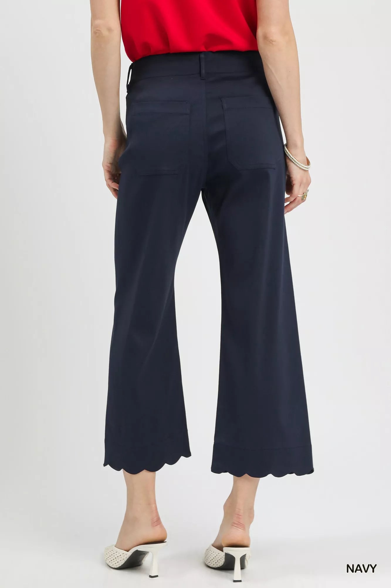 Umgee navy scallop hem wide leg pants back view at Blueberi Boutique