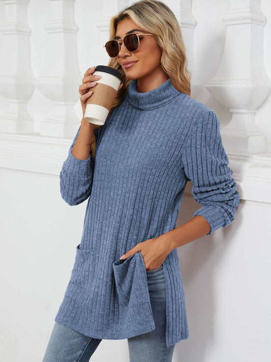 Blueberi B Women’s Slit Mock Neck Long Sleeve T-Shirt Rayon Polyester Spandex Size S-2XL