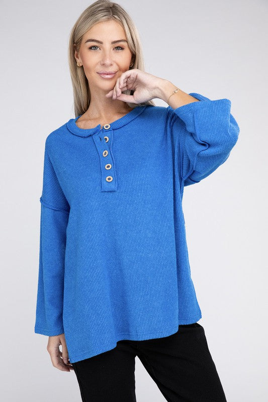 Zenana Clothing Long Sleeve Ribbed Brushed Melange Hacci Henley Sweater