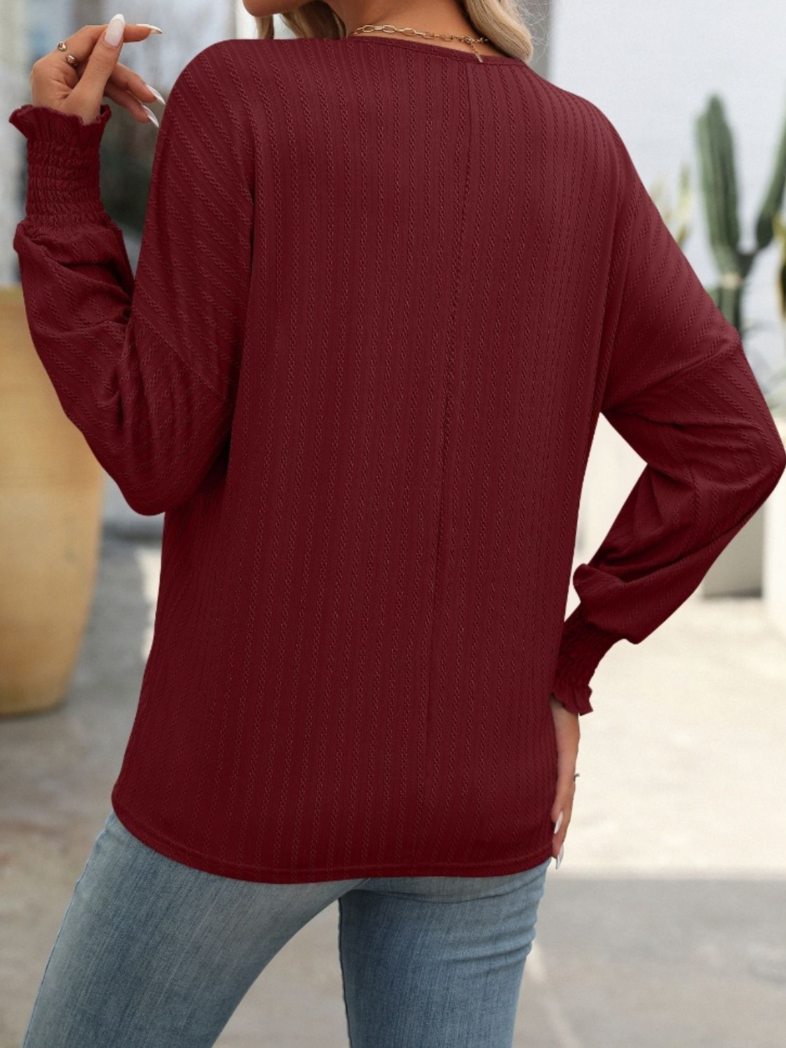 Blueberi B Women's Textured Notched Lantern Sleeve T-Shirt Polyester Spandex Size S-2XL