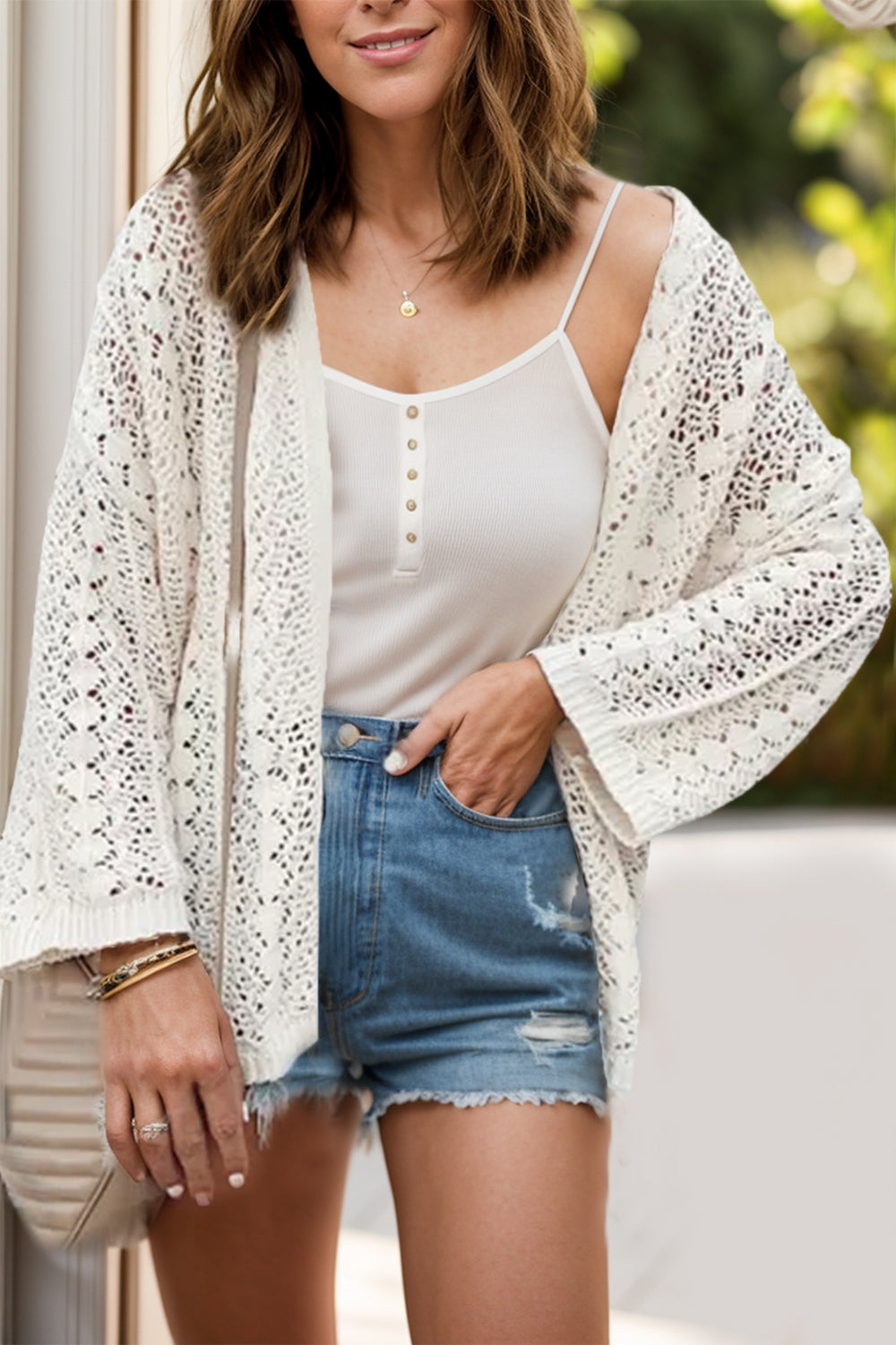 Blueberi B Women's Openwork Open Front Dropped Shoulder Cardigan Acrylic Cotton Size S-XL