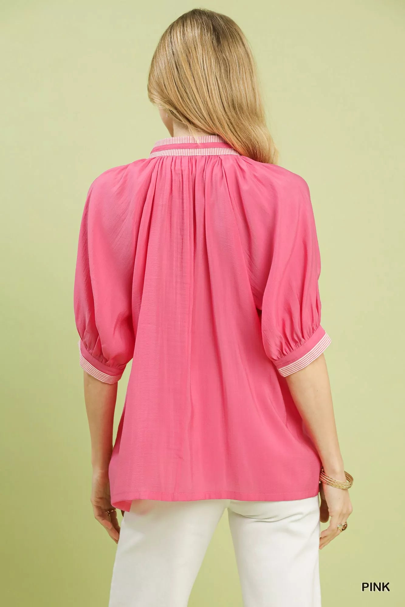 Blueberi Boutique's Umgee pink solid contrast-trim pleated top back view
