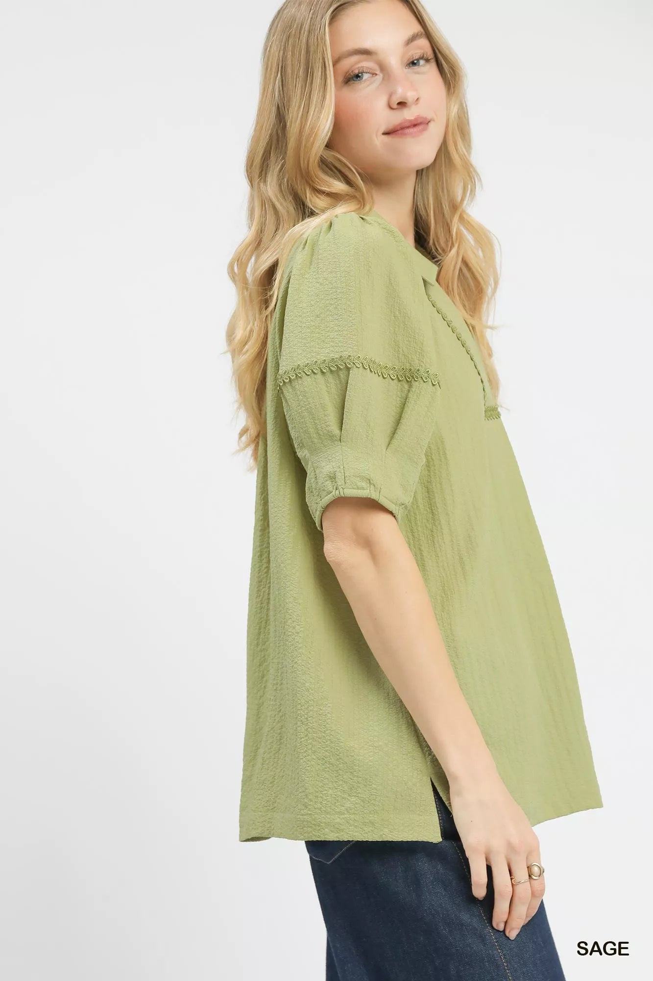 Blueberi Boutique sage textured puff sleeve top with decorative trim