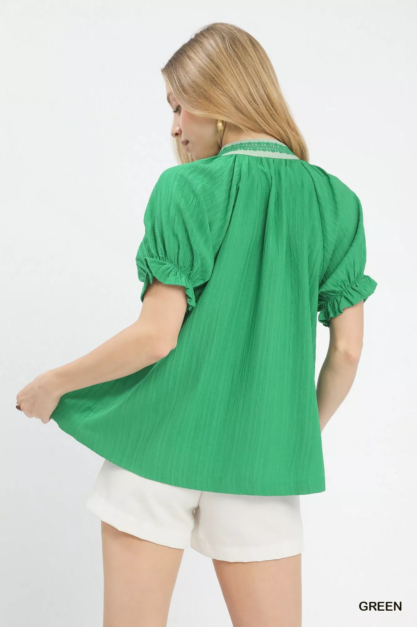 Umgee green textured v-neck top with lace trim detail