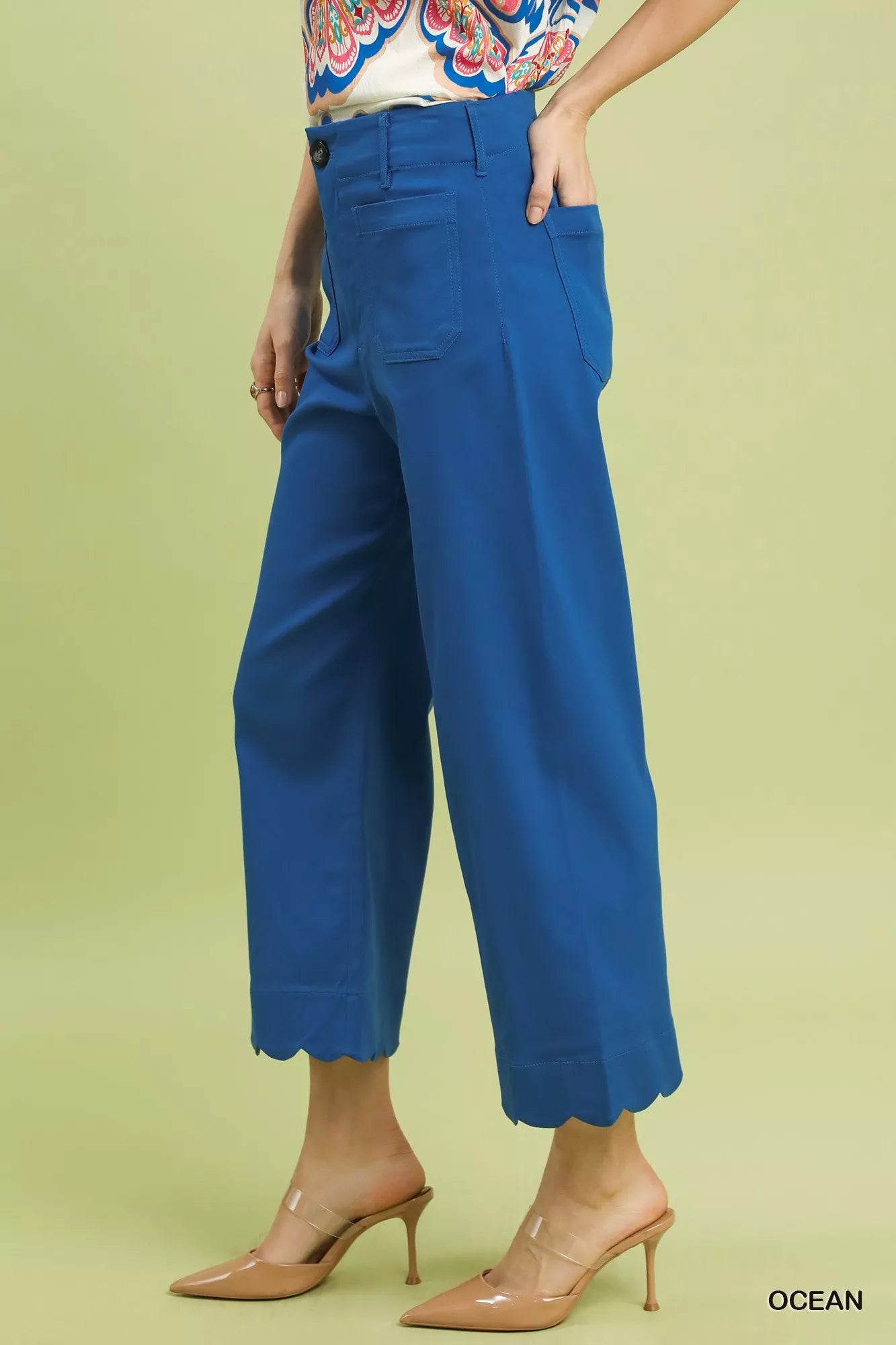 Umgee Scallop Hem Wide Leg Pants - ocean blue with scalloped hem, side view