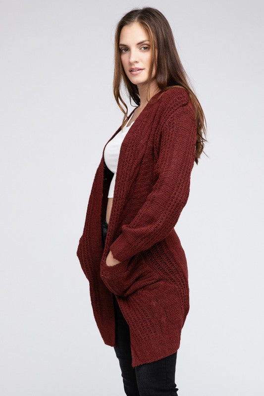 Twist Knitted Long Sleeve Open Front Cardigan With Pockets