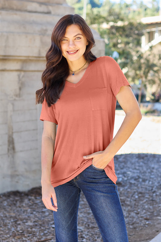 Basic Bae Women’s Bamboo Full Size  V-Neck Short Sleeve T-Shirt Bamboo Spandex Size S-3XL