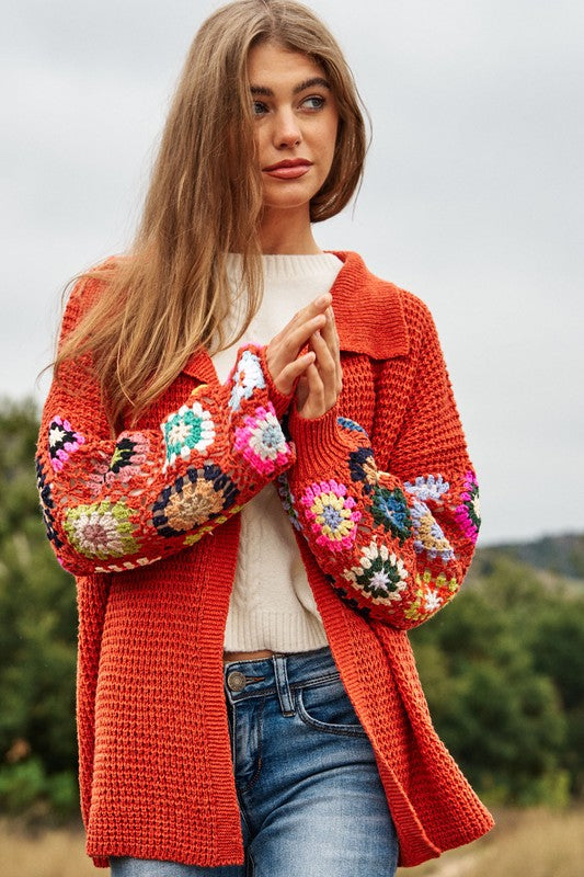 Crochet Granny Square Floral Printed Long Sleeve Knit Cardigan