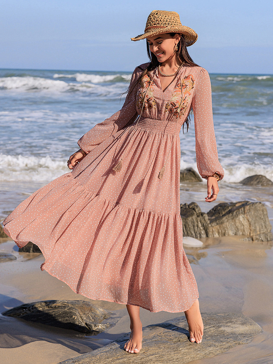 Blueberi B Women’s Embroidered Polka Dot Tie Neck Long Sleeve Midi Dress Polyester Size S-2XL