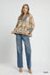 Umgee women's taupe floral long sleeve boho blouse with scalloped hem paired with blue jeans