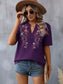 Blueberi B Women's Embroidered Notched Short Sleeve T-Shirt Polyester Elastane Size S-2XL