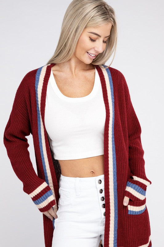 Knitted Long Sleeve Open cardigan with contrast trim