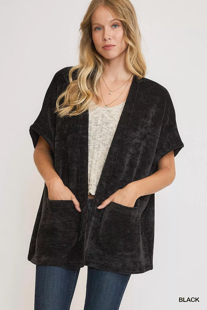 Black open front knit cardigan with front pockets at Blueberi Boutique