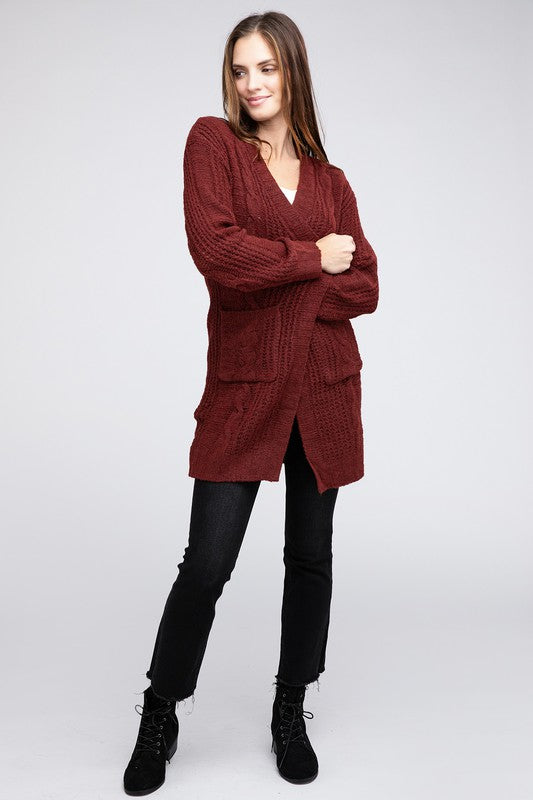 Twist Knitted Long Sleeve Open Front Cardigan With Pockets