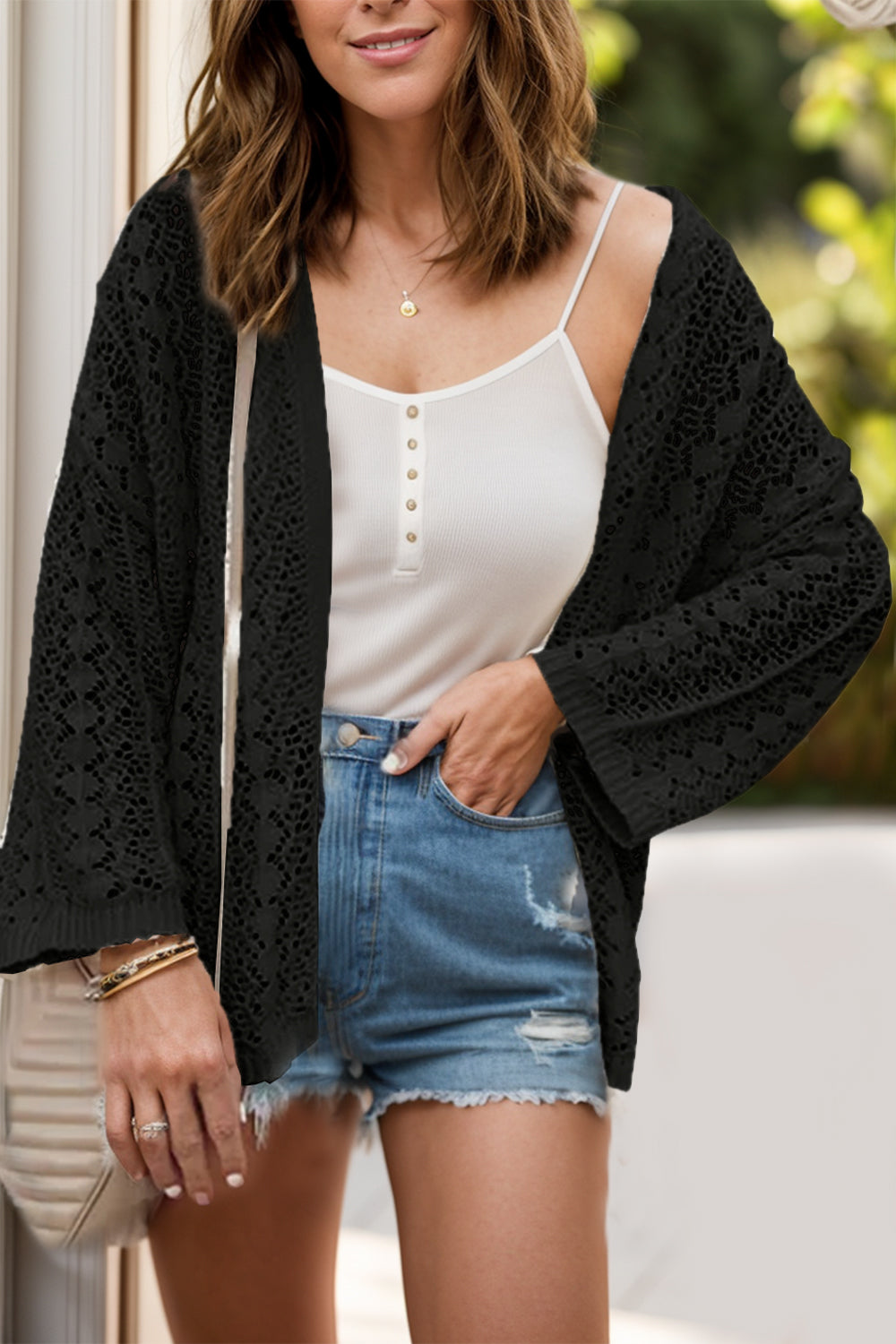 Blueberi B Women's Openwork Open Front Dropped Shoulder Cardigan Acrylic Cotton Size S-XL
