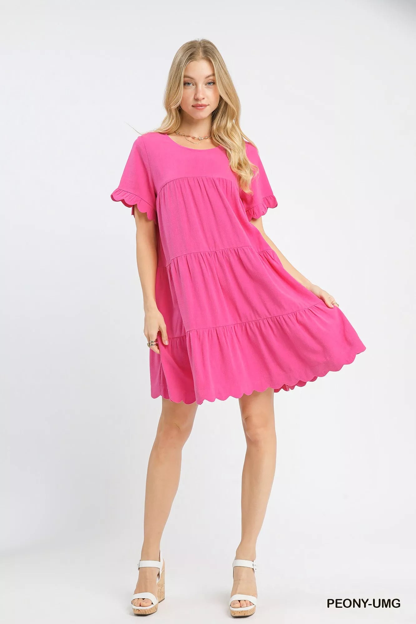 Umgee Linen Tiered Babydoll Dress with Ruffle Sleeves PEONY-UMG / M Umgee Linen Tiered Babydoll Dress with Ruffle Sleeves PEONY-UMG / M