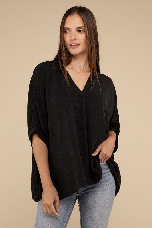 Zenana Women's Clothing Woven Airflow V-Neck Puff Half Sleeve Top Polyester S/M L/XL
