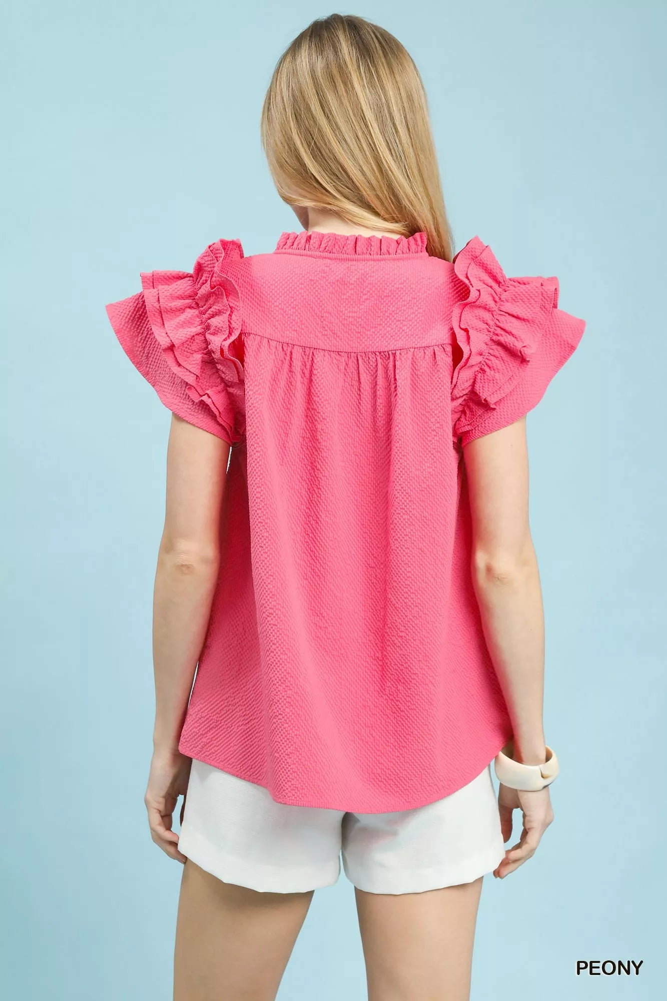 Umgee pink textured ruffle sleeve notched top back view