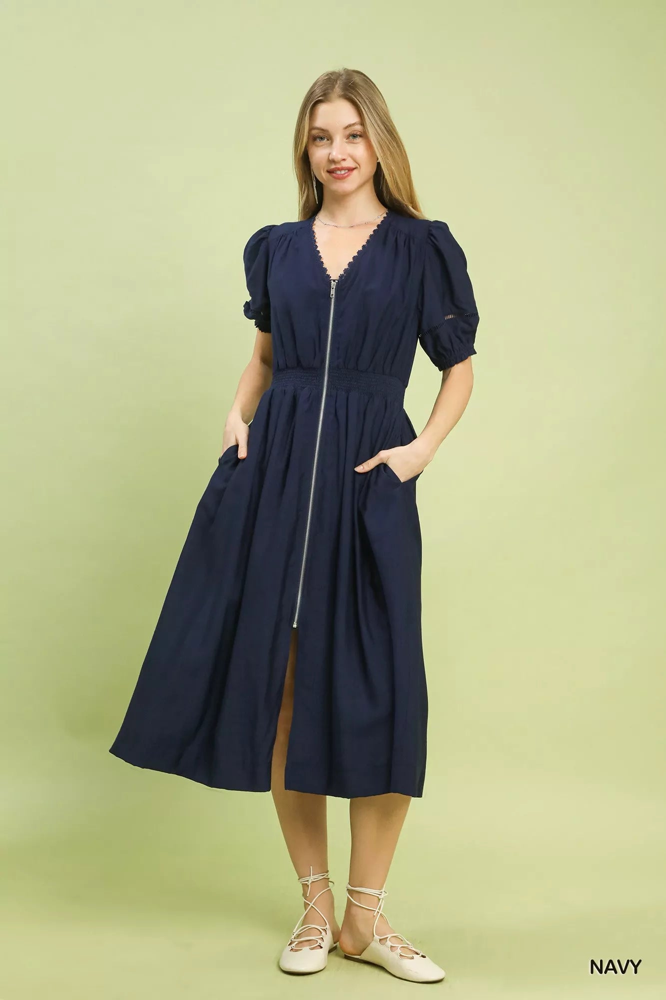 Blueberi Boutique navy midi dress with zip-front, side pockets