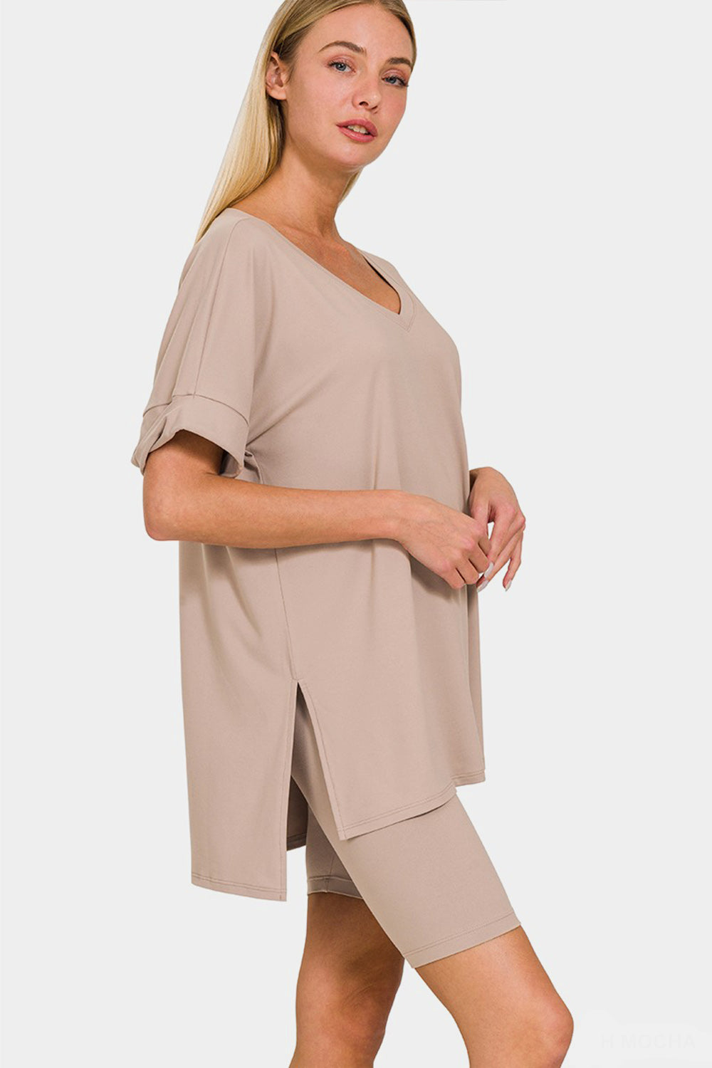 Zenana Women's Full Size V-Neck Short Sleeve Slit T-Shirt and Shorts Set Polyester Spandex Size S-3XL