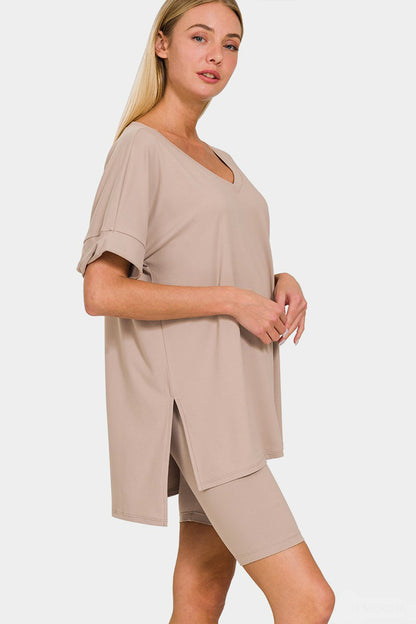 Zenana Women's Full Size V-Neck Short Sleeve Slit T-Shirt and Shorts Set Polyester Spandex Size S-3XL