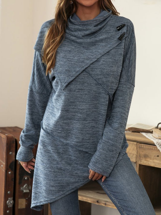 Blueberi B Women’s Asymmetrical Hem Cowl Neck Long Sleeve T-Shirt Polyester Spandex Size S-2XL