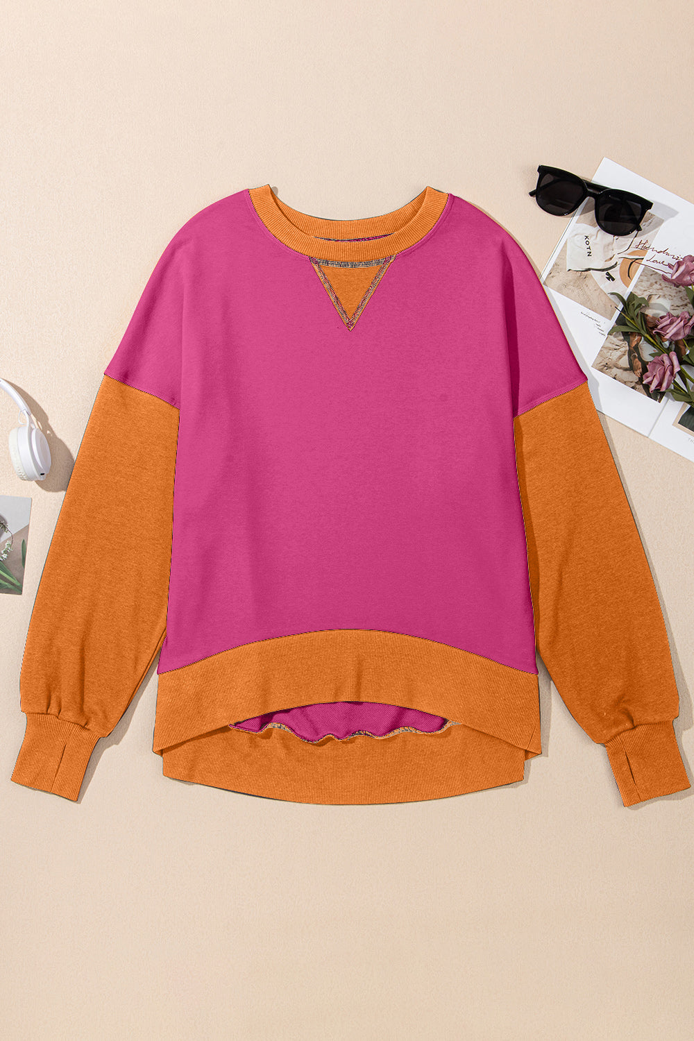 Blueberi B Women's Contrast Round Neck Long Sleeve Sweatshirt Polyester Cotton Size S-2XL