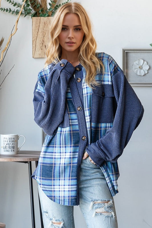 Blueberi B Women’s OH Plaid Button Up Long Sleeve Shacket with Breast Pockets Cotton Polyester Size S-2XL