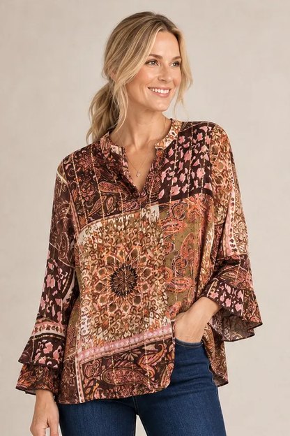 Pine Apparel Paisley Crepe Lurex Ruffle Sleeve Blouse | 100% Rayon | S-XL | Rust