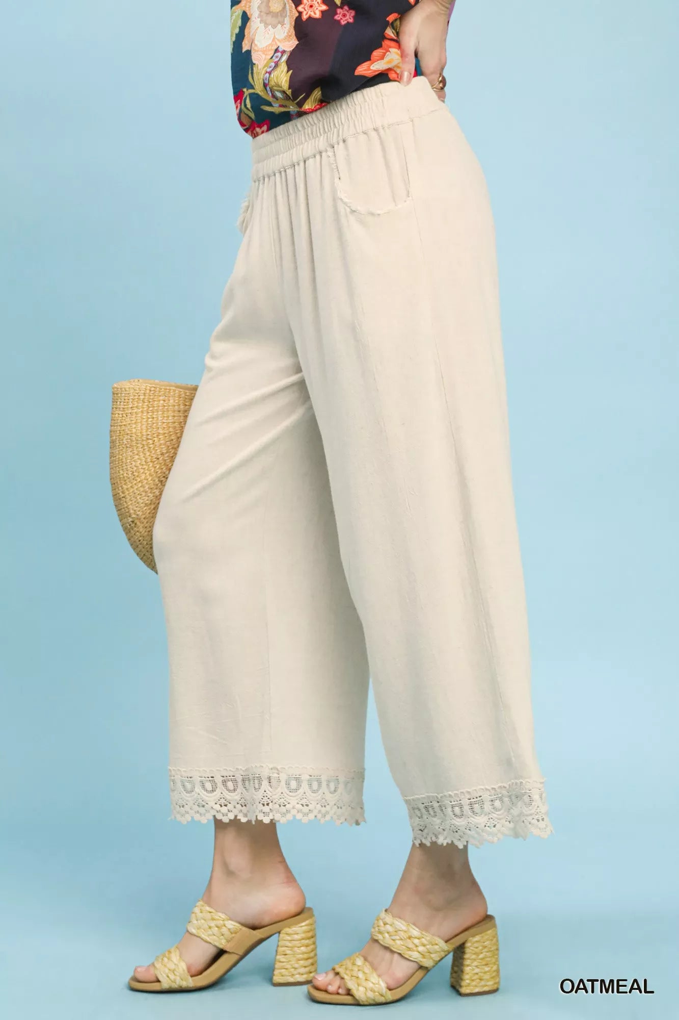 Umgee oatmeal linen wide leg cropped pants with lace trim side view