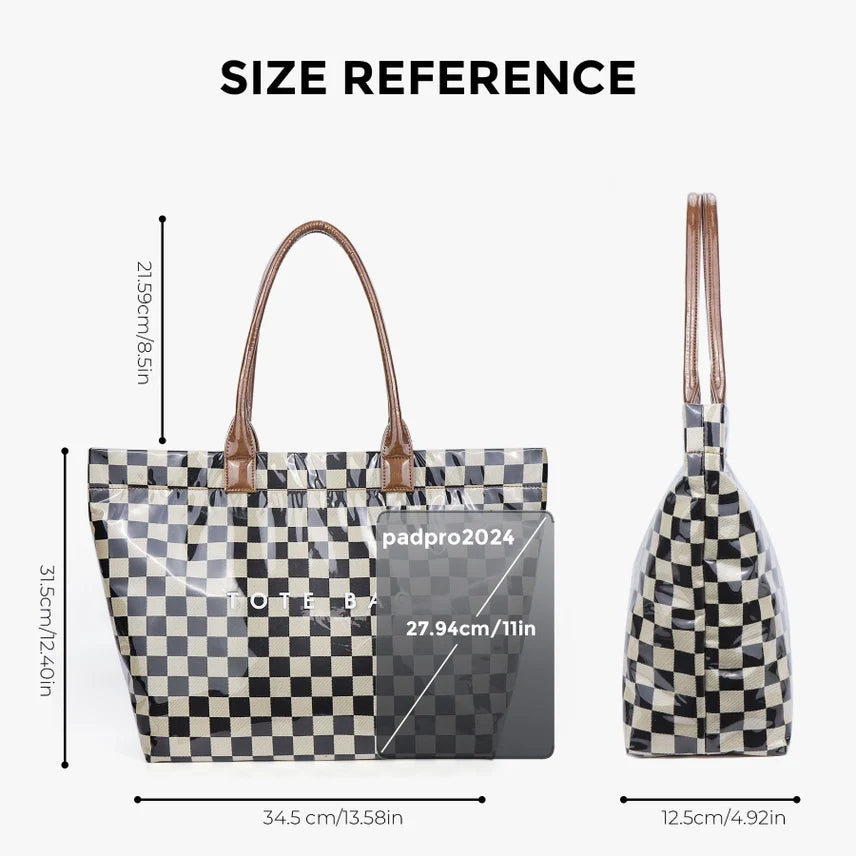 Brooklyn Checkered Tote | Canvas, Vegan Leather & PVC | 12.5 x 5 x 13.5 in; 17 in Top