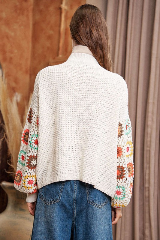 Crochet Granny Square Floral Printed Long Sleeve Knit Cardigan