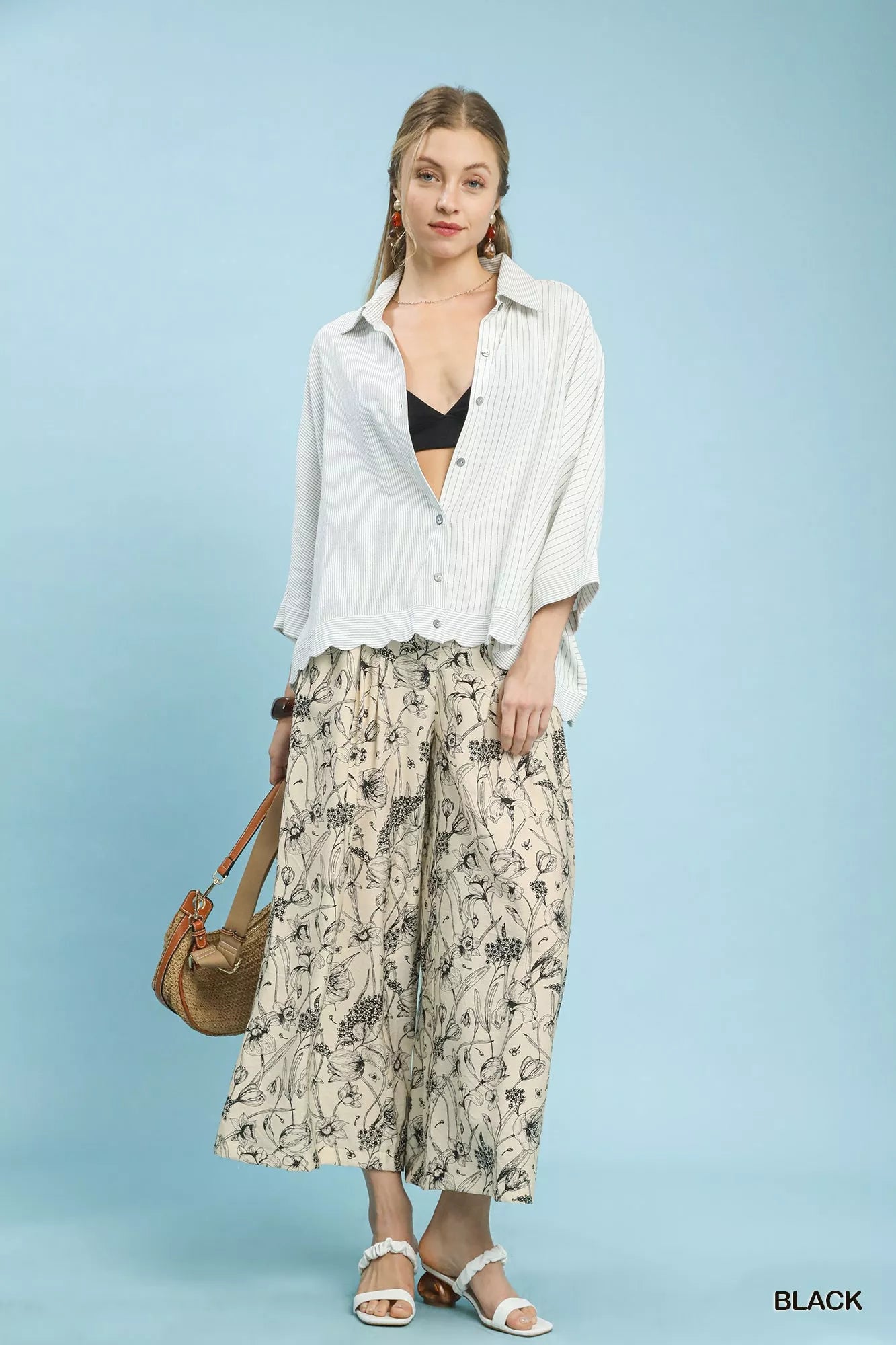 Umgee two-tone floral print wide-leg pants with black flower patterns