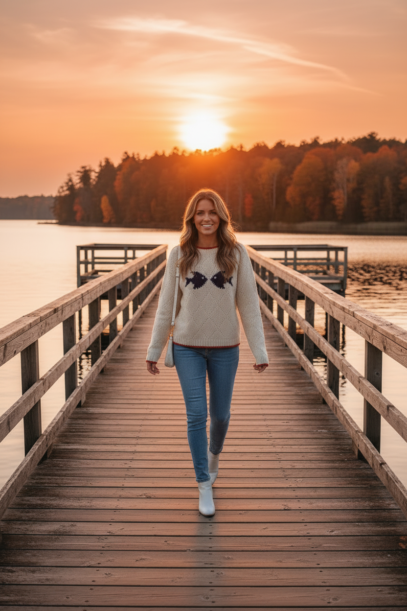 Fish Sweater Sunset Pier Lifestyle - Front Facing