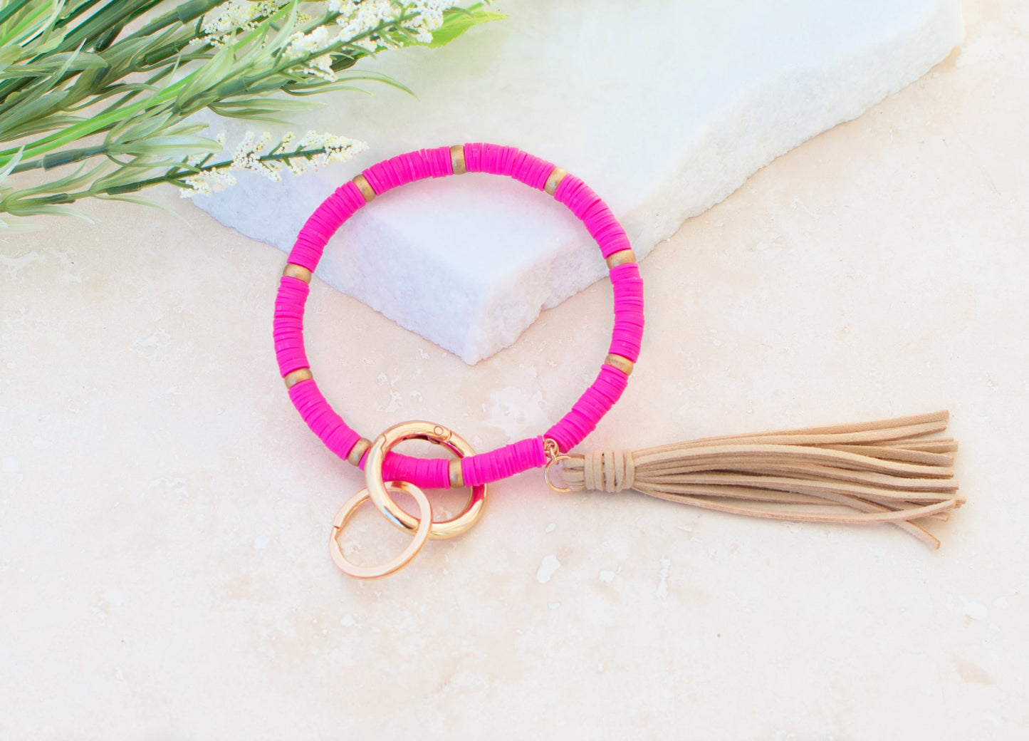 Reinforced Beaded Suede Tassel Gold Wood Accent Bead Boho Key Ring Bracelet | 4"
