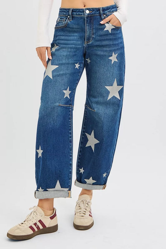 RISEN Mid Rise Ankle Length Relaxed Barrel Star Printed Jeans Cotton Polyester Spandex Sizes 0-15