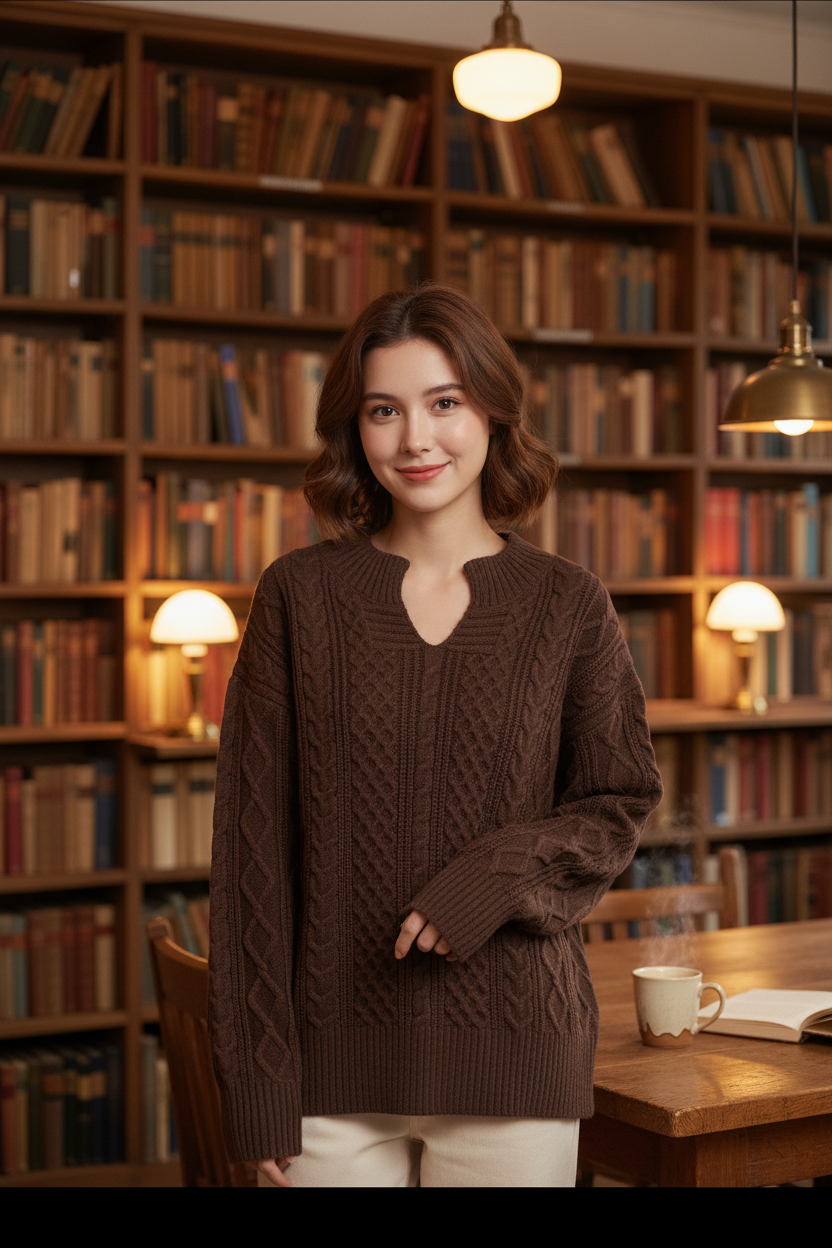 Cable-Knit Notched Long Sleeve Sweater