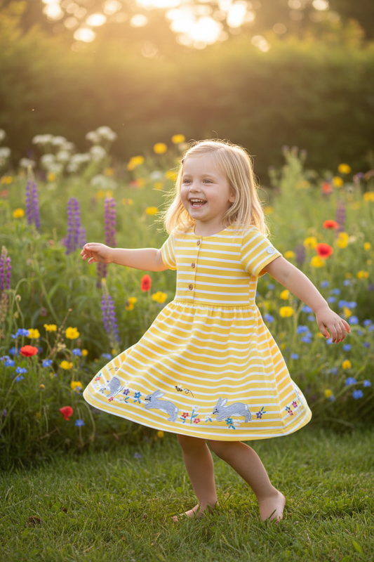Blueberi B Children's Striped Bunny Embroidered Button-Front Dress | 100% Cotton | 2Y-4Y | Yellow