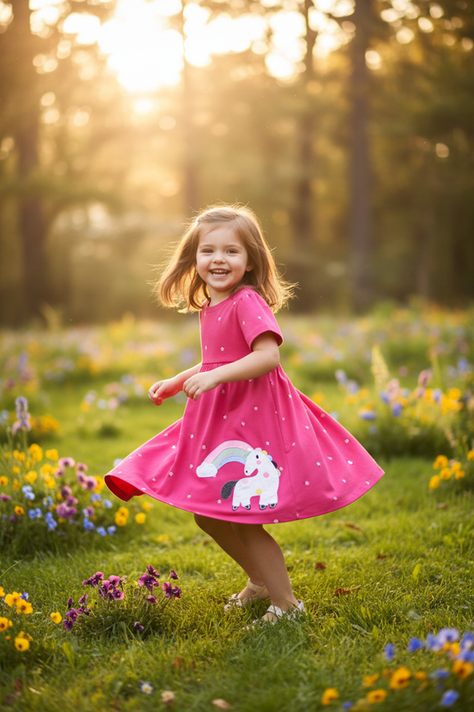 Blueberi B Children's Unicorn Rainbow Short Sleeve Dress | 100% Cotton | 2Y-7Y | Strawberry