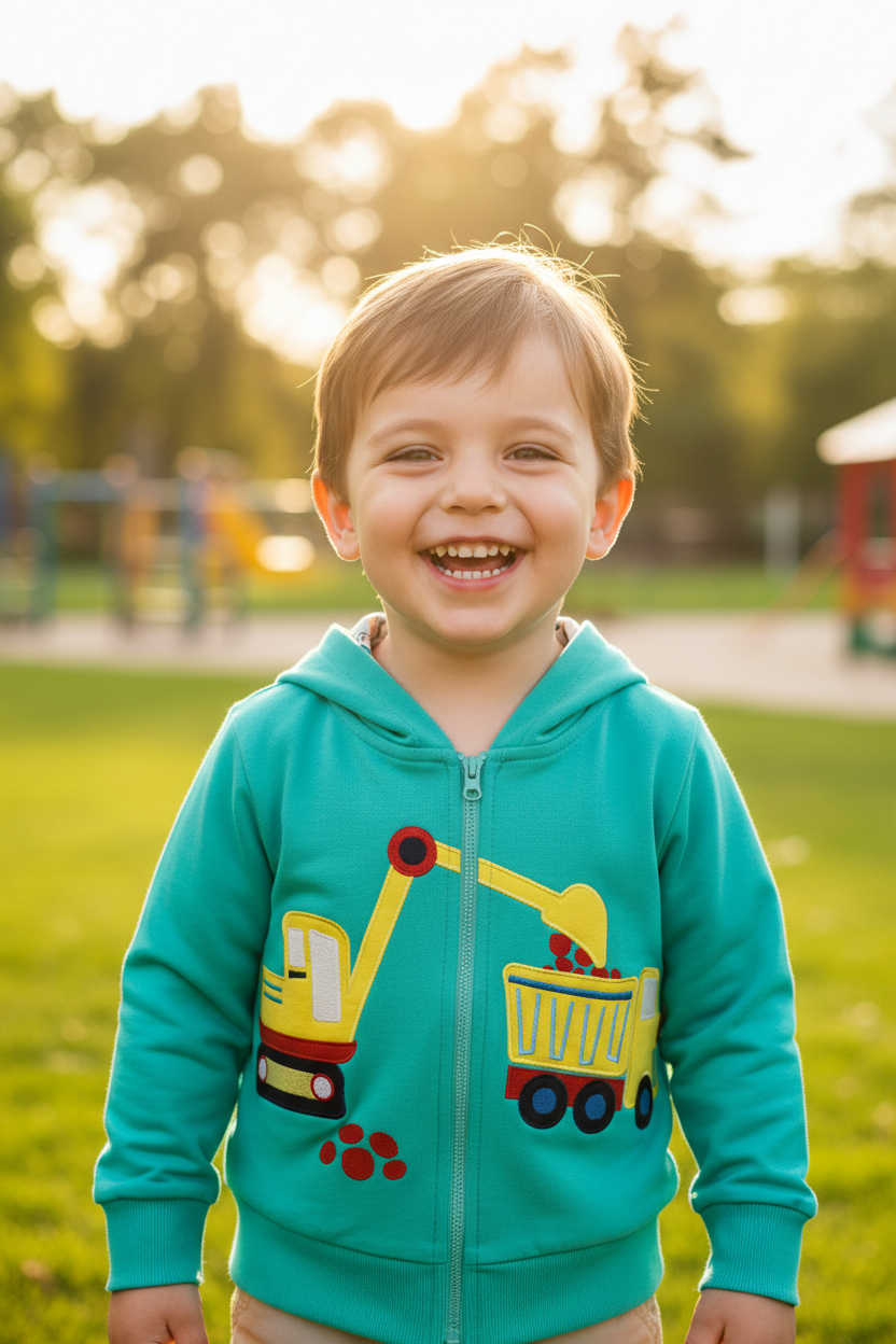 Blueberi B Children's Cartoon Construction Vehicle Zip-Up Hoodie | 100% Cotton | 2-3Y to 8Y | Green