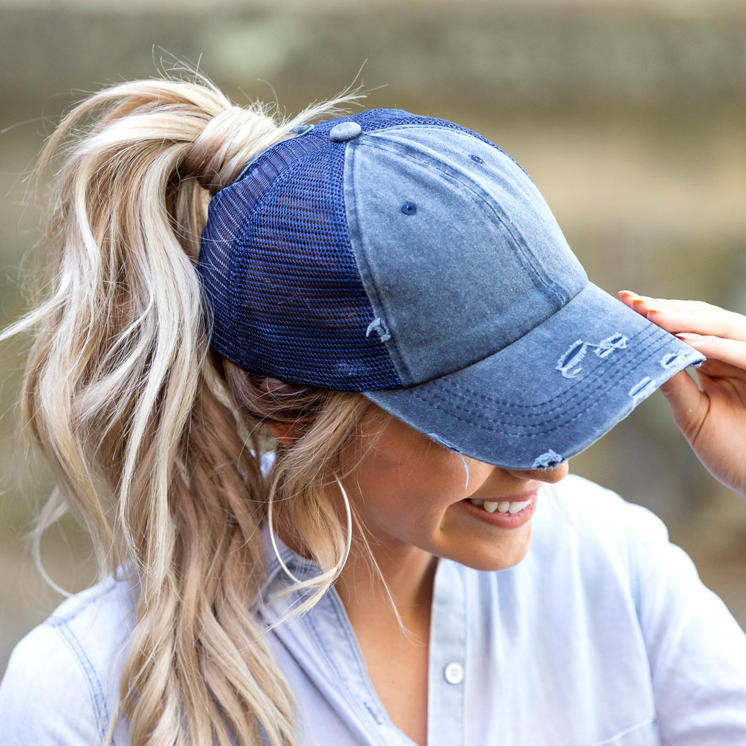 Distressed Cotton Twill Mesh Nylon Messy Bun Ponytail Ball Cap | One Size