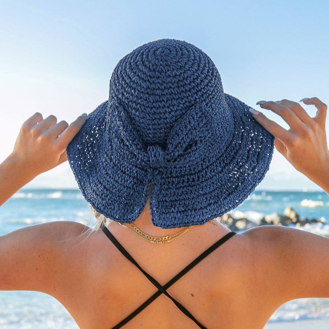 100% Straw Woven Foldable Bow Accent Wire Brim Wide Brim Sun Hat | One Size