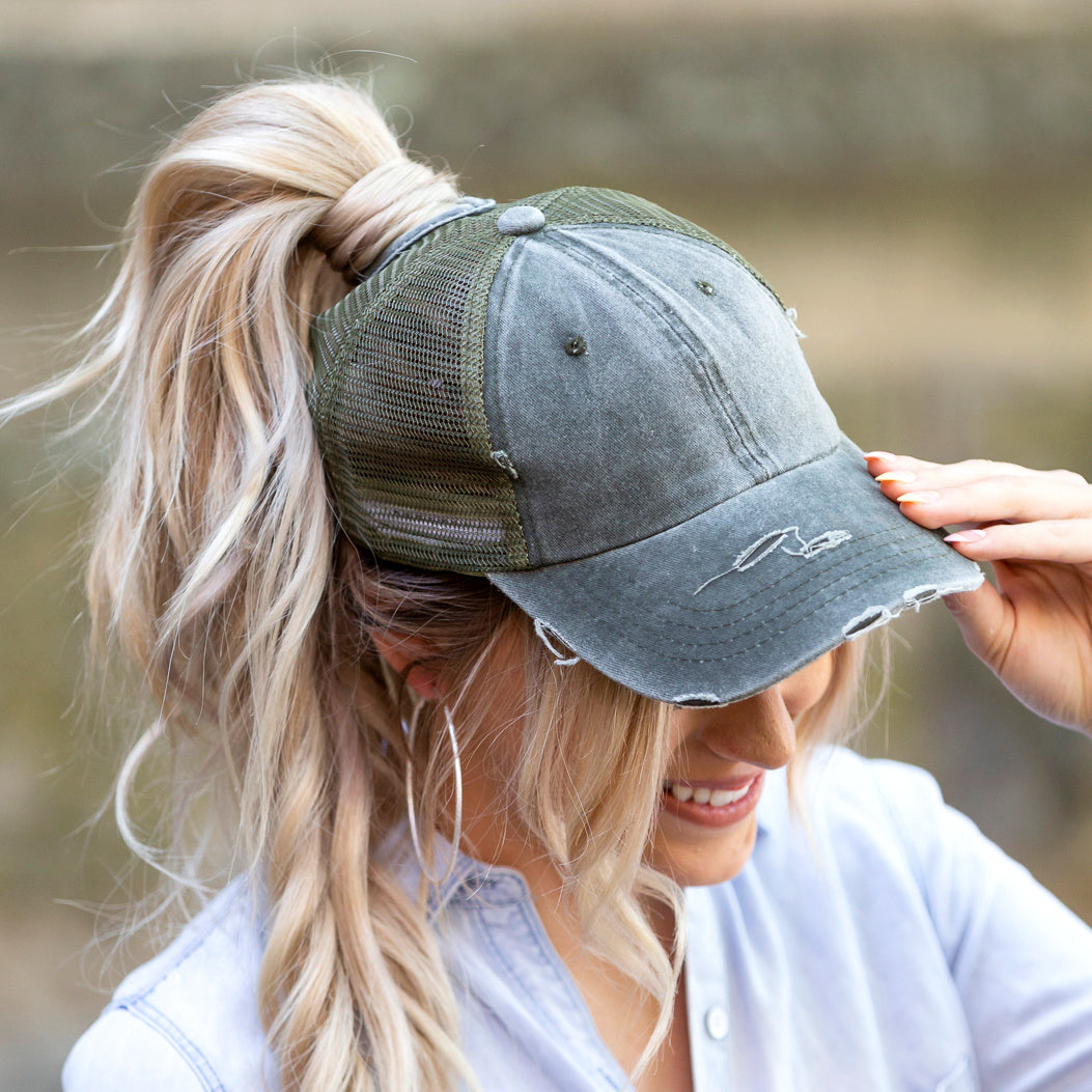Distressed Cotton Twill Mesh Nylon Messy Bun Ponytail Ball Cap | One Size