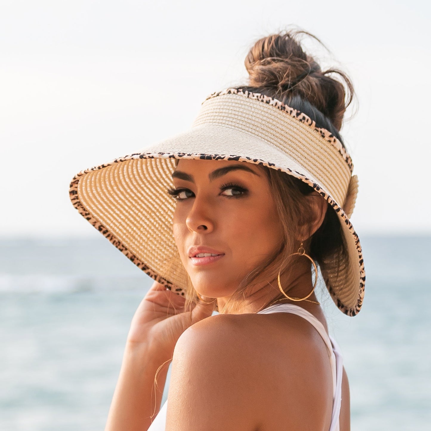 100% Breathable Straw Leopard Trim Foldable Wide Brim Bow Visor | One Size